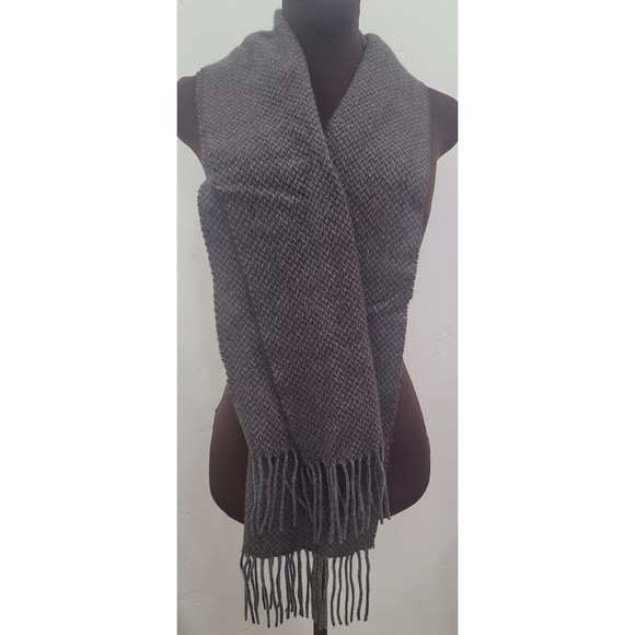 Enzo Mantovani 100%Cashmere GreyBrown Woven Pattern Fringe Hem Scarf Sz. 68"×12" - Picture 9 of 9